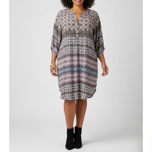 CUPIO Boho Print Lightweight Pullover Roll Tab Sleeve Hi-Low Tunic Dress Plus 3X